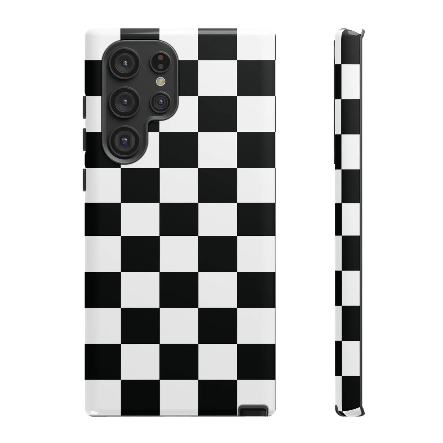 Back of a glossy black and white checkered flag phone case designed for iphone with protective cover and phone accessories