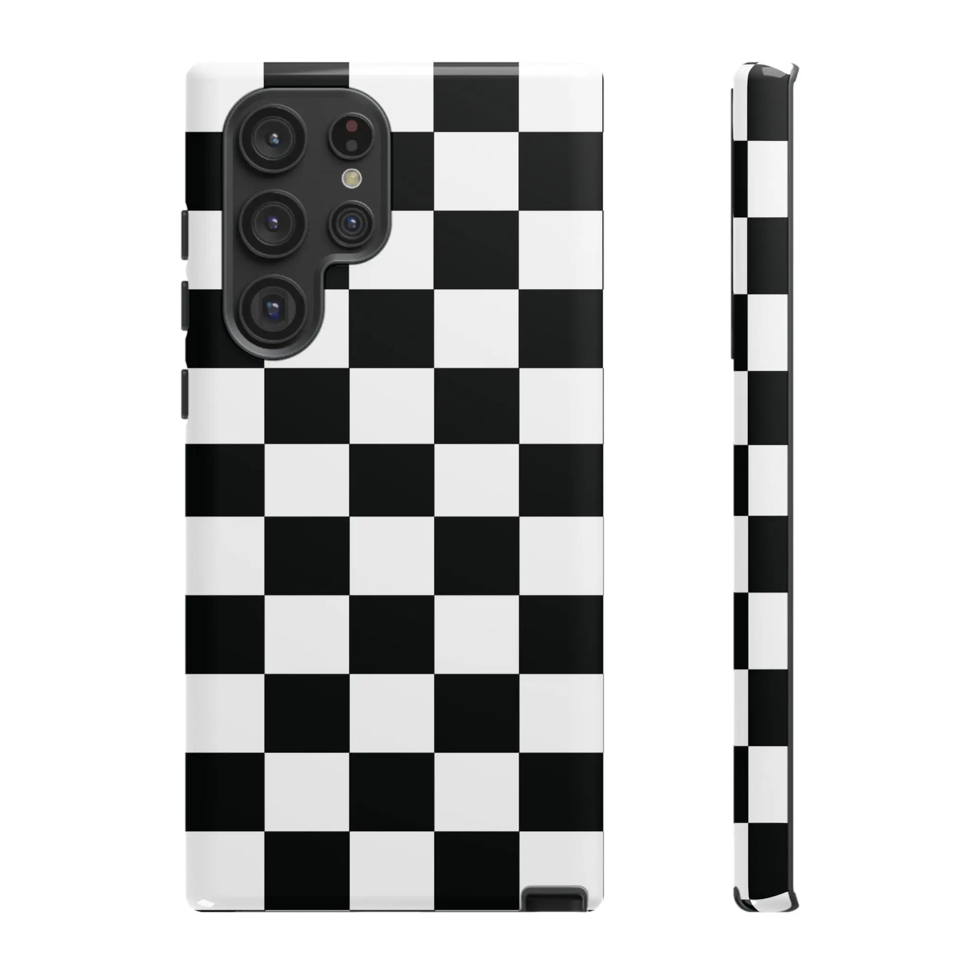 Back of a glossy black and white checkered flag phone case designed for iphone with protective cover and phone accessories