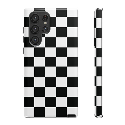 Back of a glossy black and white checkered flag phone case designed for iphone with protective cover and phone accessories