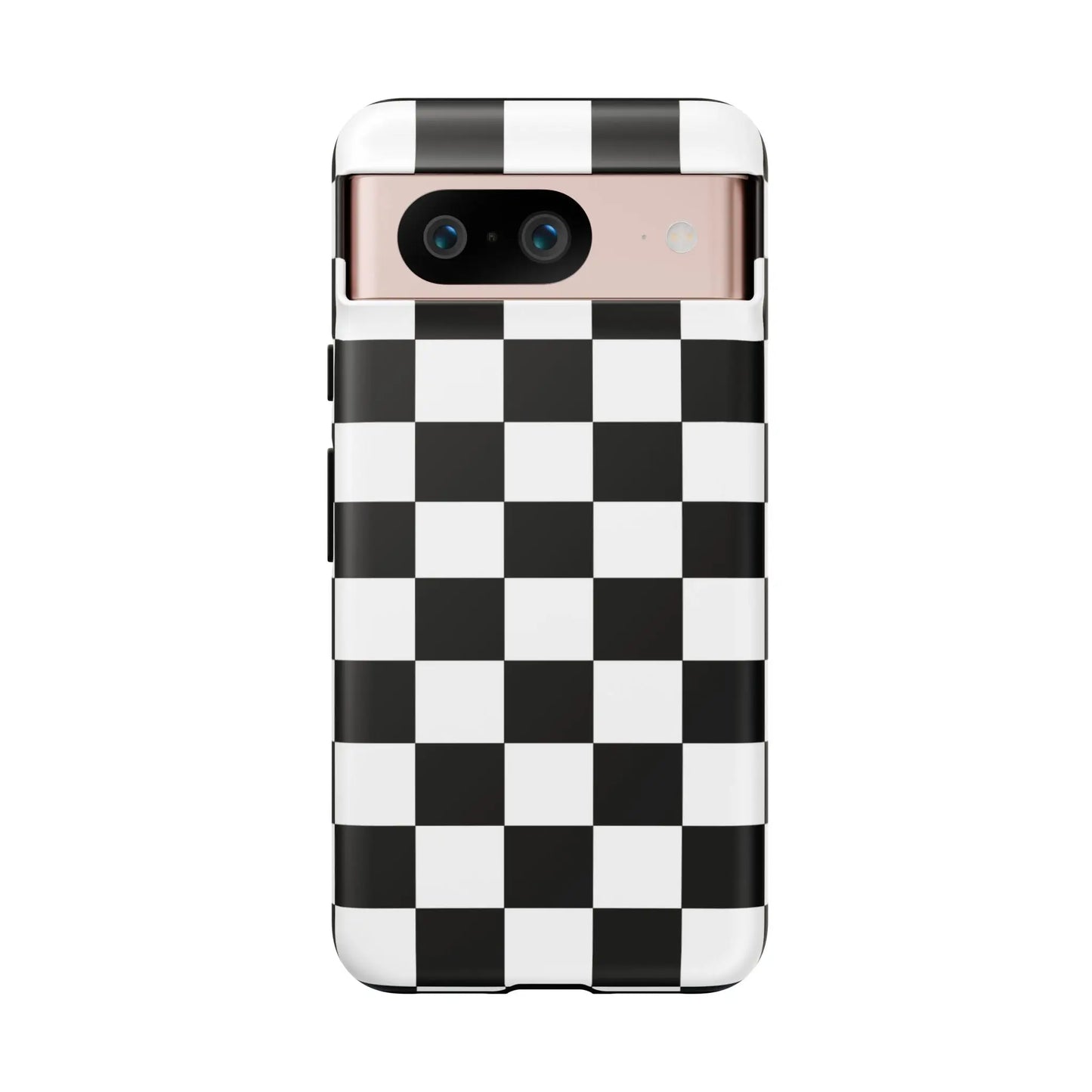 Back side of a black and white checkered flag phone case with glossy finish protective cover for iphone models