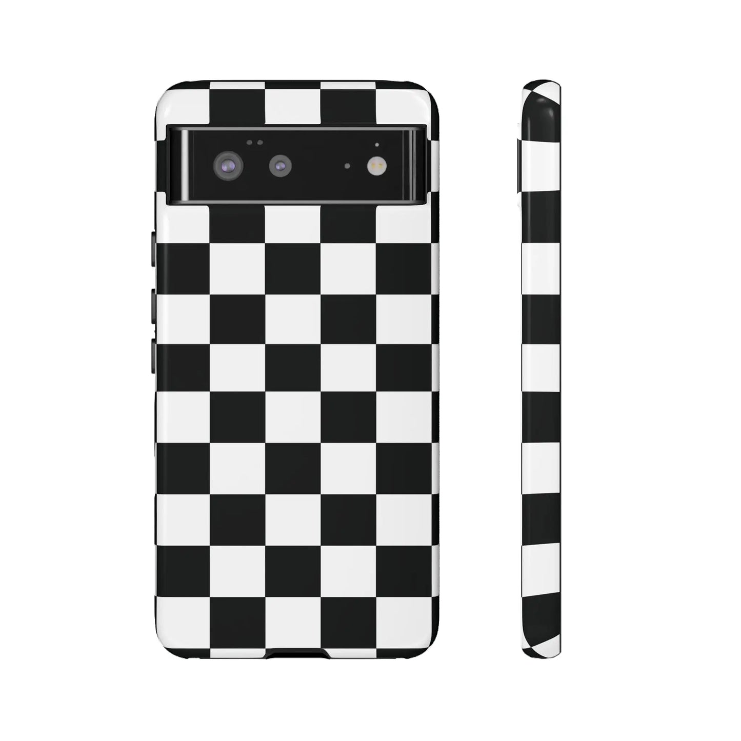 Black and white checkered flag phone case with glossy finish shown from the back for iphone protective cover