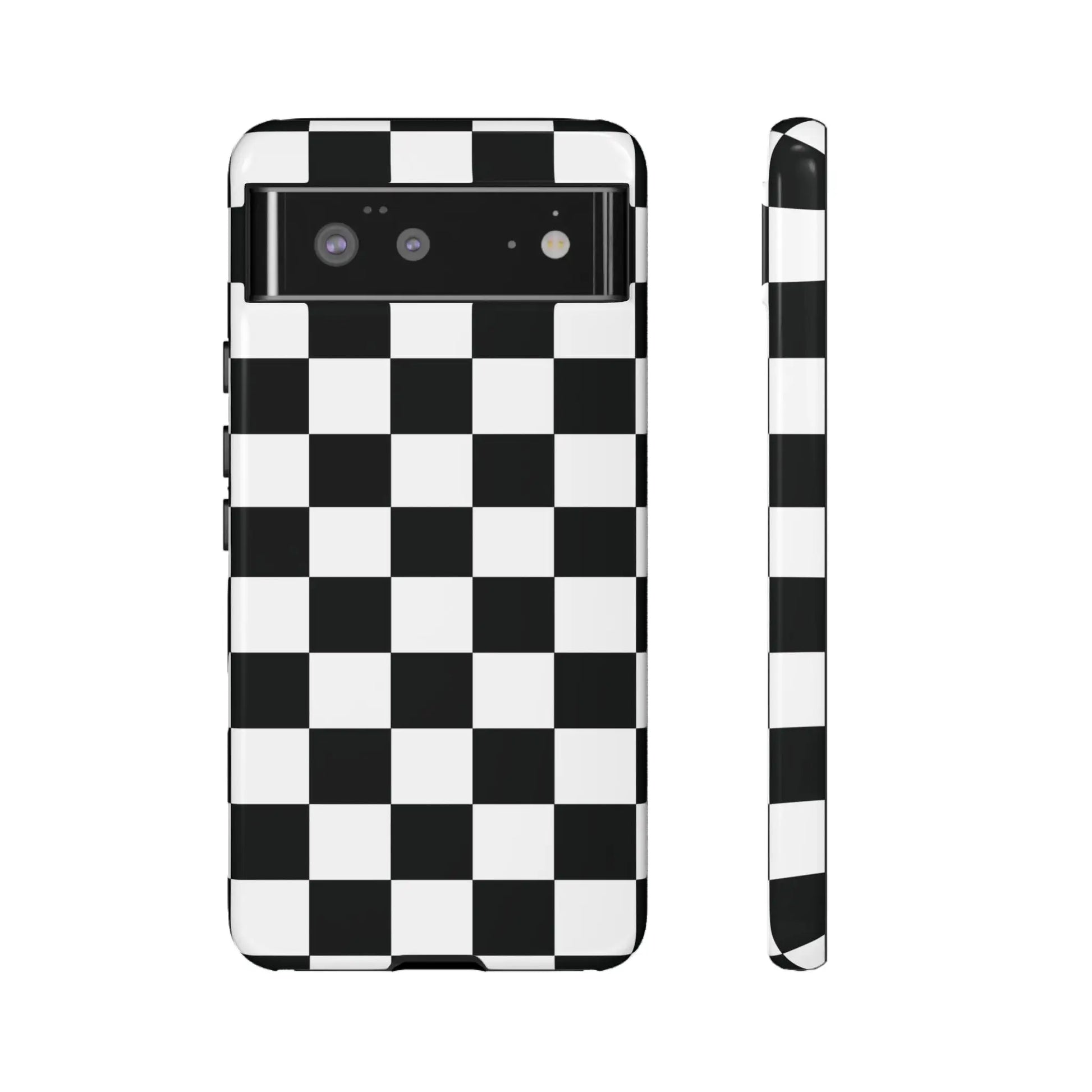 Black and white checkered flag phone case with glossy finish shown from the back for iphone protective cover