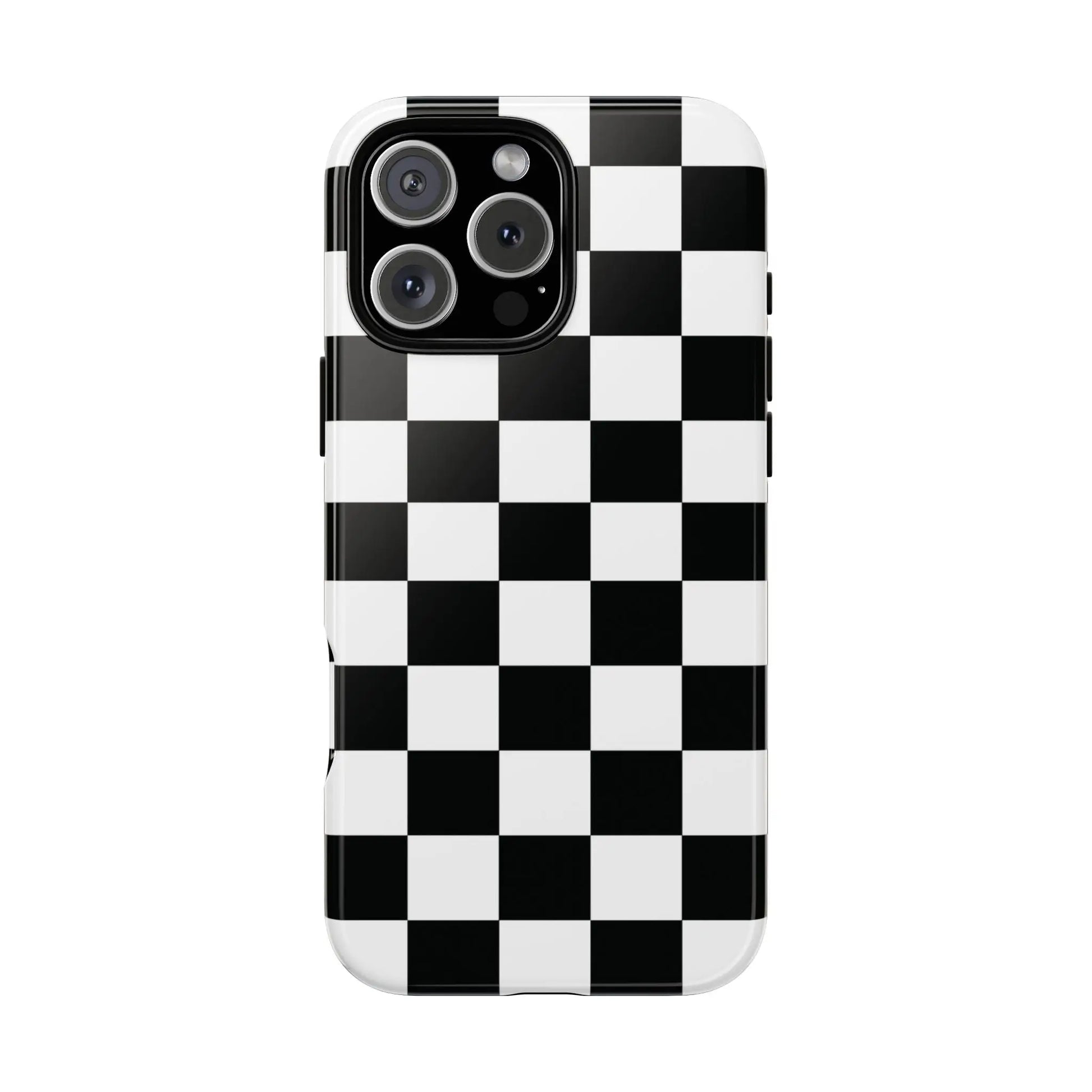 Back side of a glossy black and white checkered flag iphone case providing protective cover and style