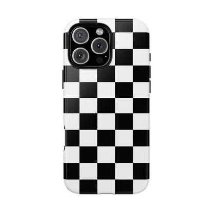Back side of a glossy black and white checkered flag iphone case providing protective cover and style