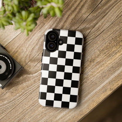 Black and white checkered flag phone case with glossy finish shown from the back for iPhone protection and style