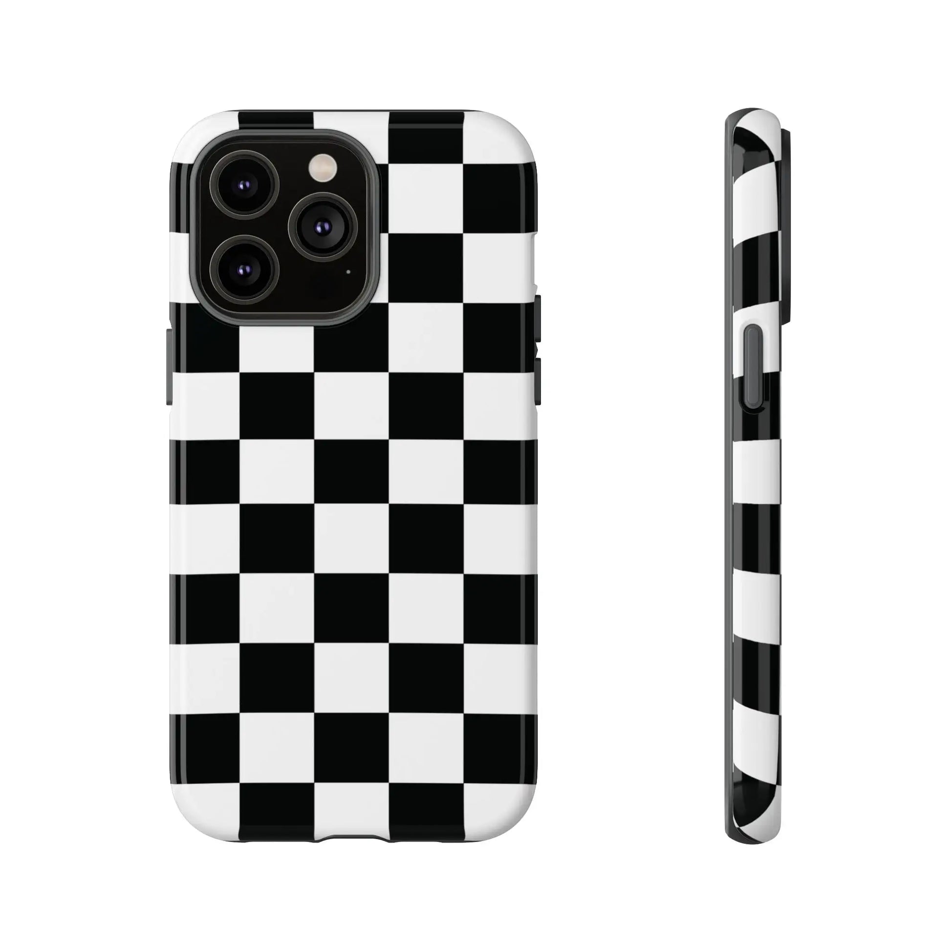 Black and white checkered flag phone case with sleek glossy finish shown from the back for iPhone protection