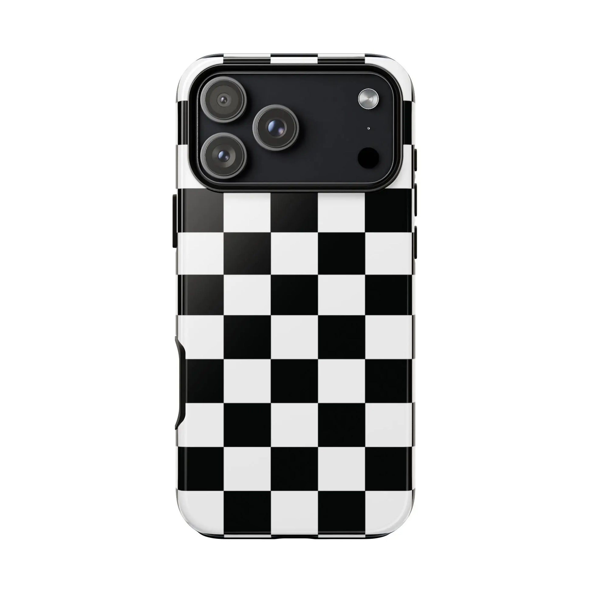 Black and white checkered flag phone case with glossy finish shown from the back for iPhone protection and style