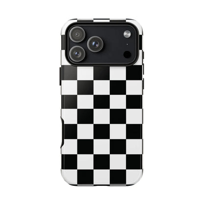 Black and white checkered flag phone case with glossy finish shown from the back for iPhone protection and style