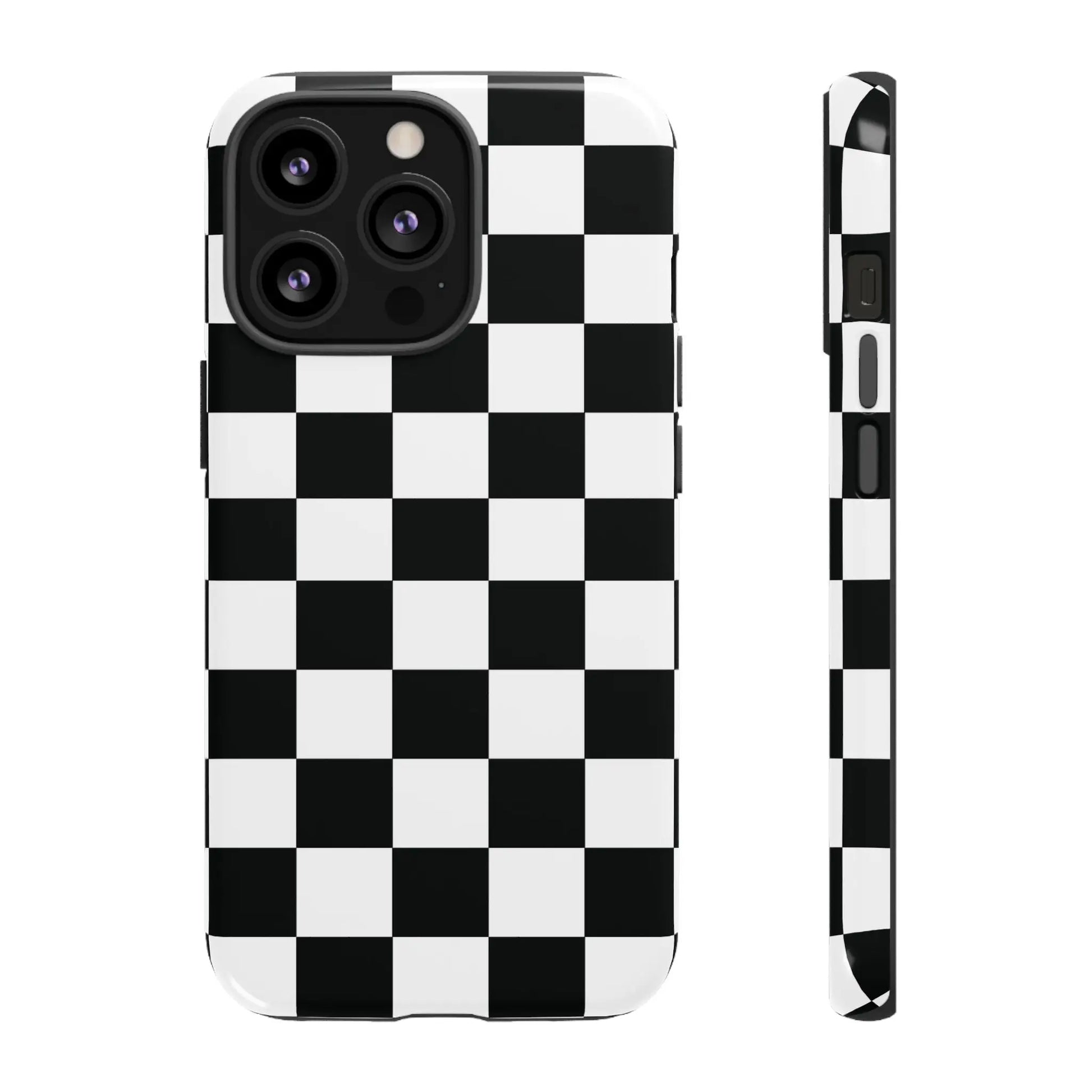 Black and white checkered flag phone case with sleek glossy finish shown from back side for protective cover use