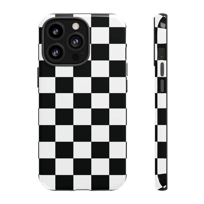 Black and white checkered flag phone case with sleek glossy finish shown from back side for protective cover use