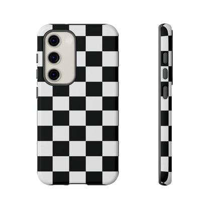 Black and white checkered flag phone case with sleek modern design shown from the back for iphone protection