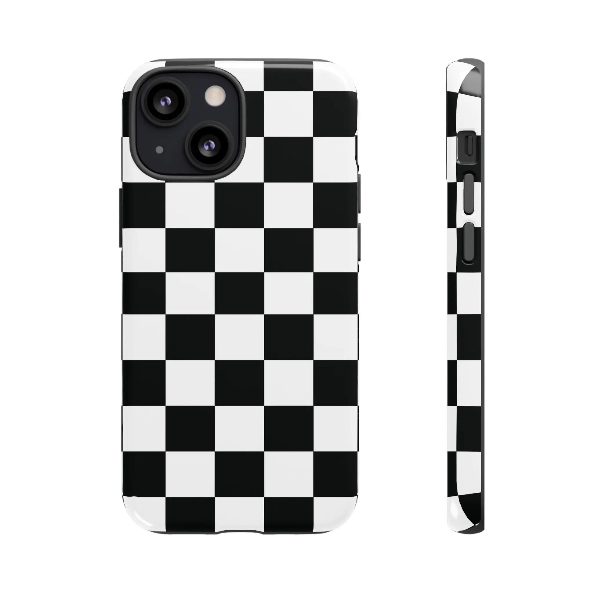 Black and white checkered flag phone case with glossy finish shown from the back for iphone protective cover