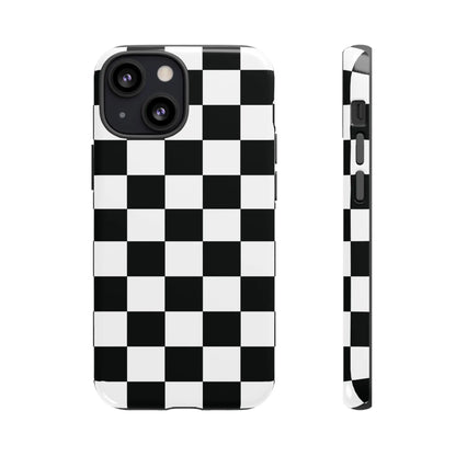 Black and white checkered flag phone case with glossy finish shown from the back for iphone protective cover