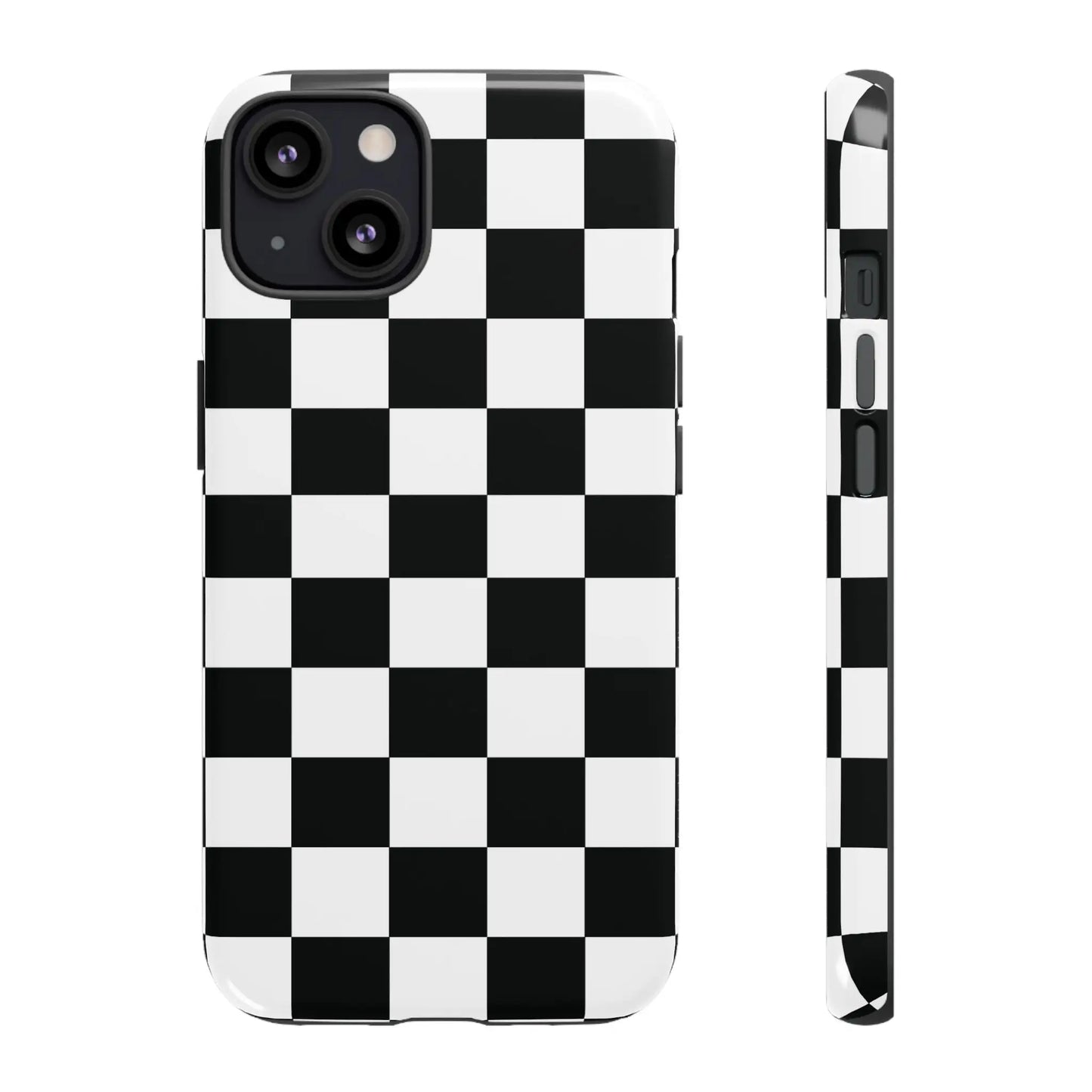 Black and white checkered flag phone case with glossy finish shown from the back for protective iPhone cover use