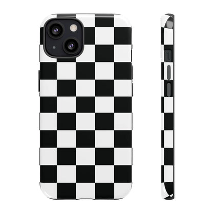 Black and white checkered flag phone case with glossy finish shown from the back for protective iPhone cover use