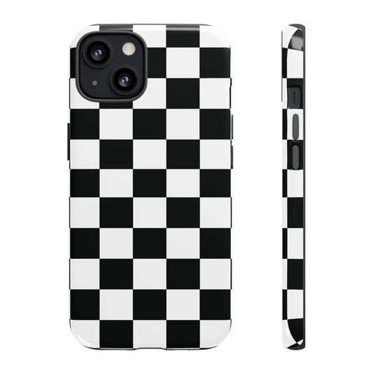 Black and white checkered flag phone case with glossy finish shown from the back for protective iPhone cover use