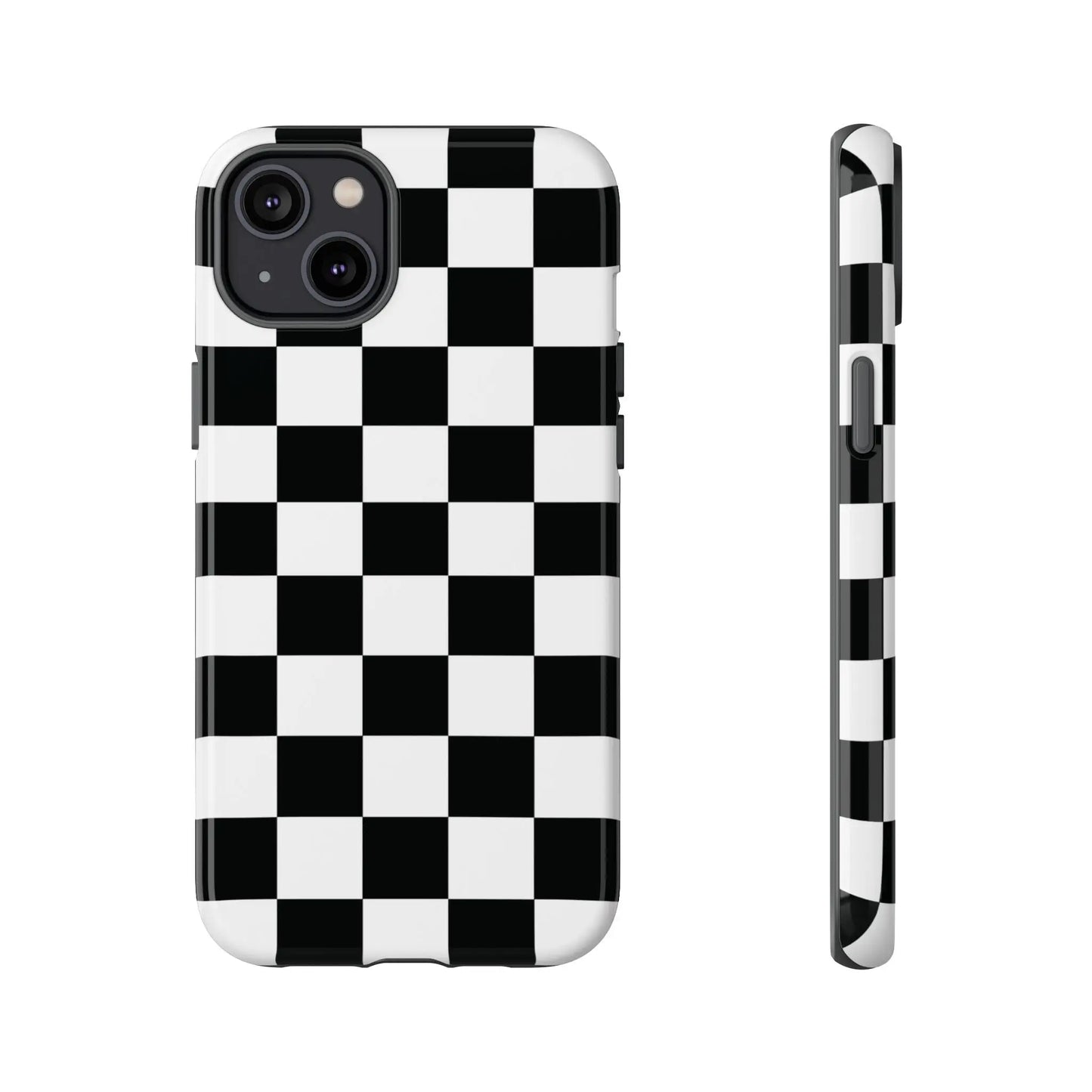 Back side of a black and white checkered flag phone case with a sleek glossy finish for iphone protection