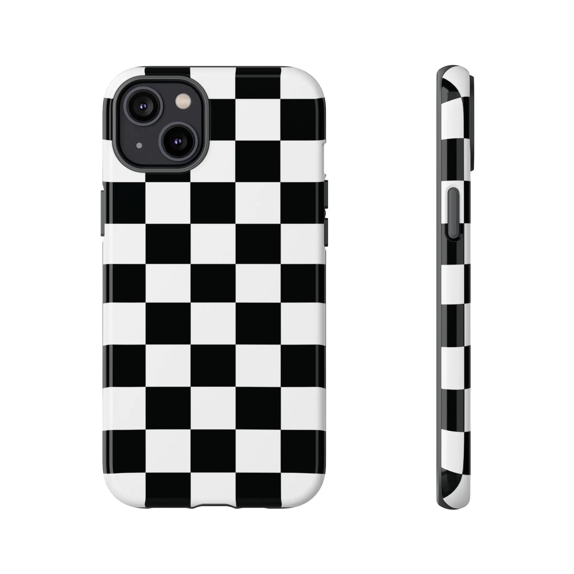 Back side of a black and white checkered flag phone case with a sleek glossy finish for iphone protection