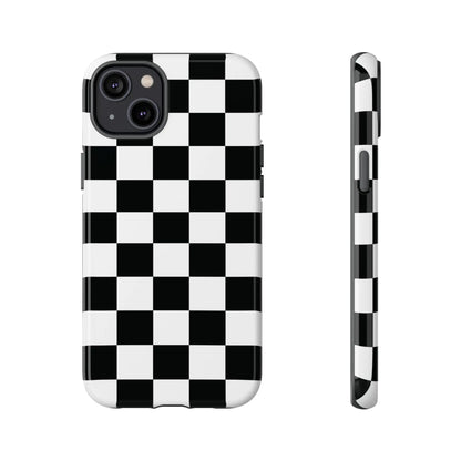 Back side of a black and white checkered flag phone case with a sleek glossy finish for iphone protection