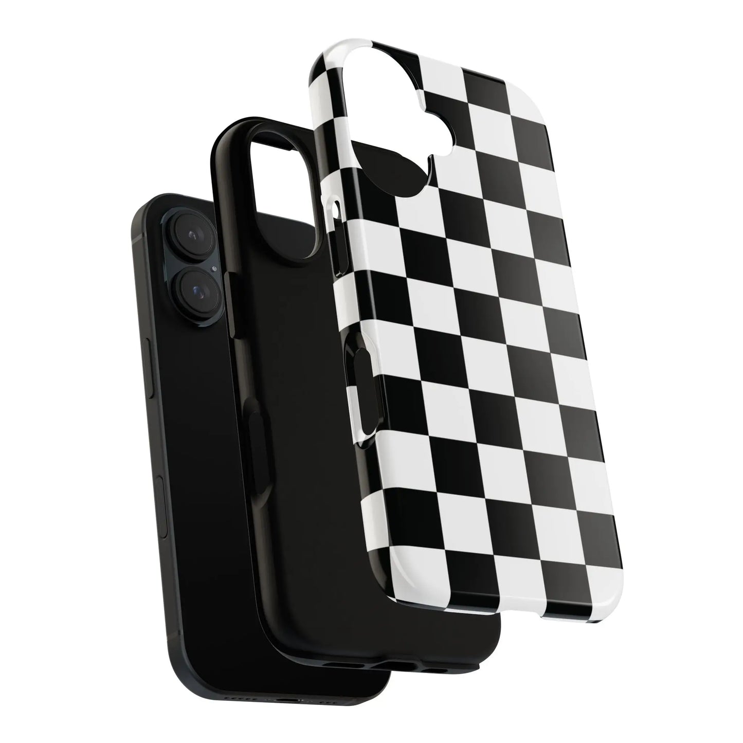 Black and white checkered flag phone case with glossy finish shown from the back for iphone protection and style