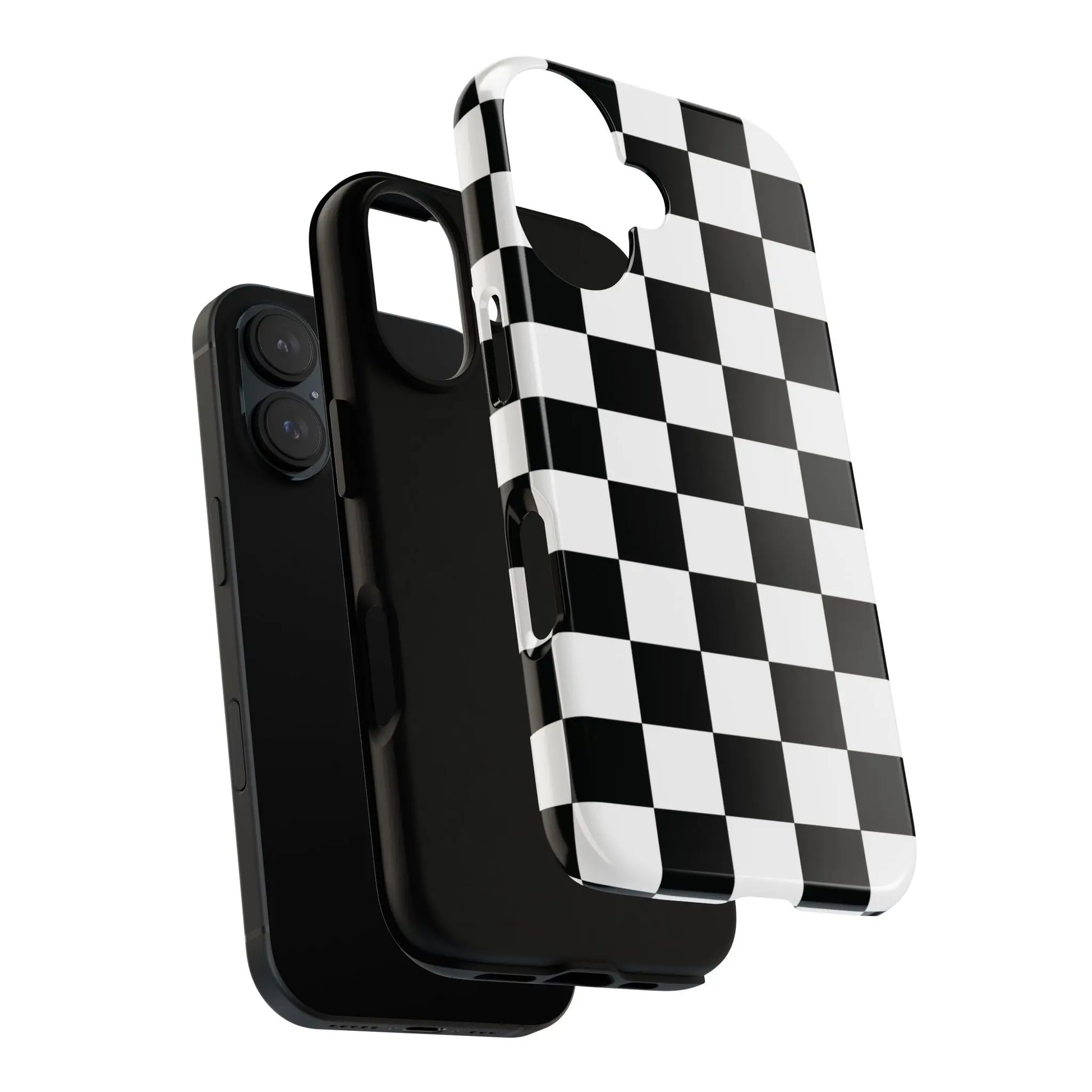 Black and white checkered flag phone case with glossy finish shown from the back for iphone protection and style