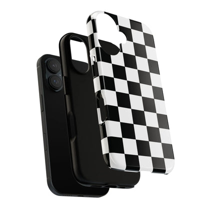Black and white checkered flag phone case with glossy finish shown from the back for iphone protection and style