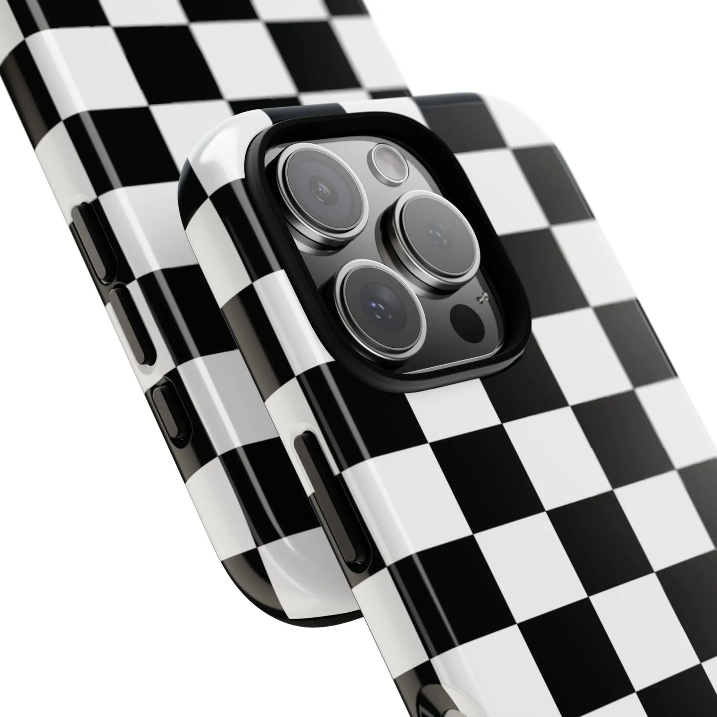 Black and white checkered flag phone case with glossy finish showing back side for protective iPhone cover