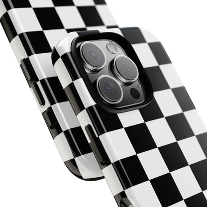 Black and white checkered flag phone case with glossy finish showing back side for protective iPhone cover