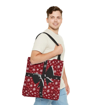 Red holiday tote bag with white snowflake pattern and festive black bow reusable eco-friendly shoulder bag