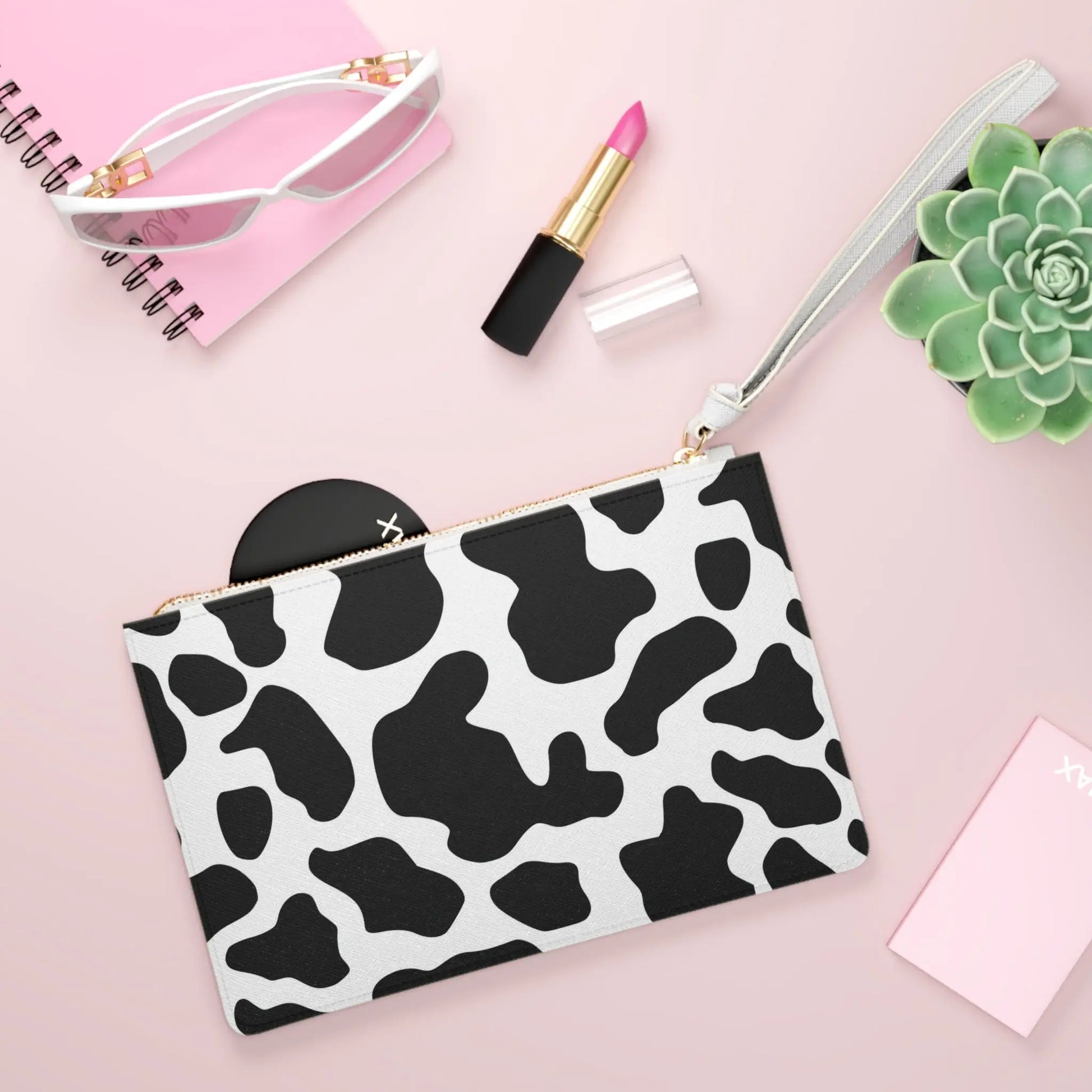Cow Print Black White Clutch Bag With Hand Strap - One size - Makeup Bags