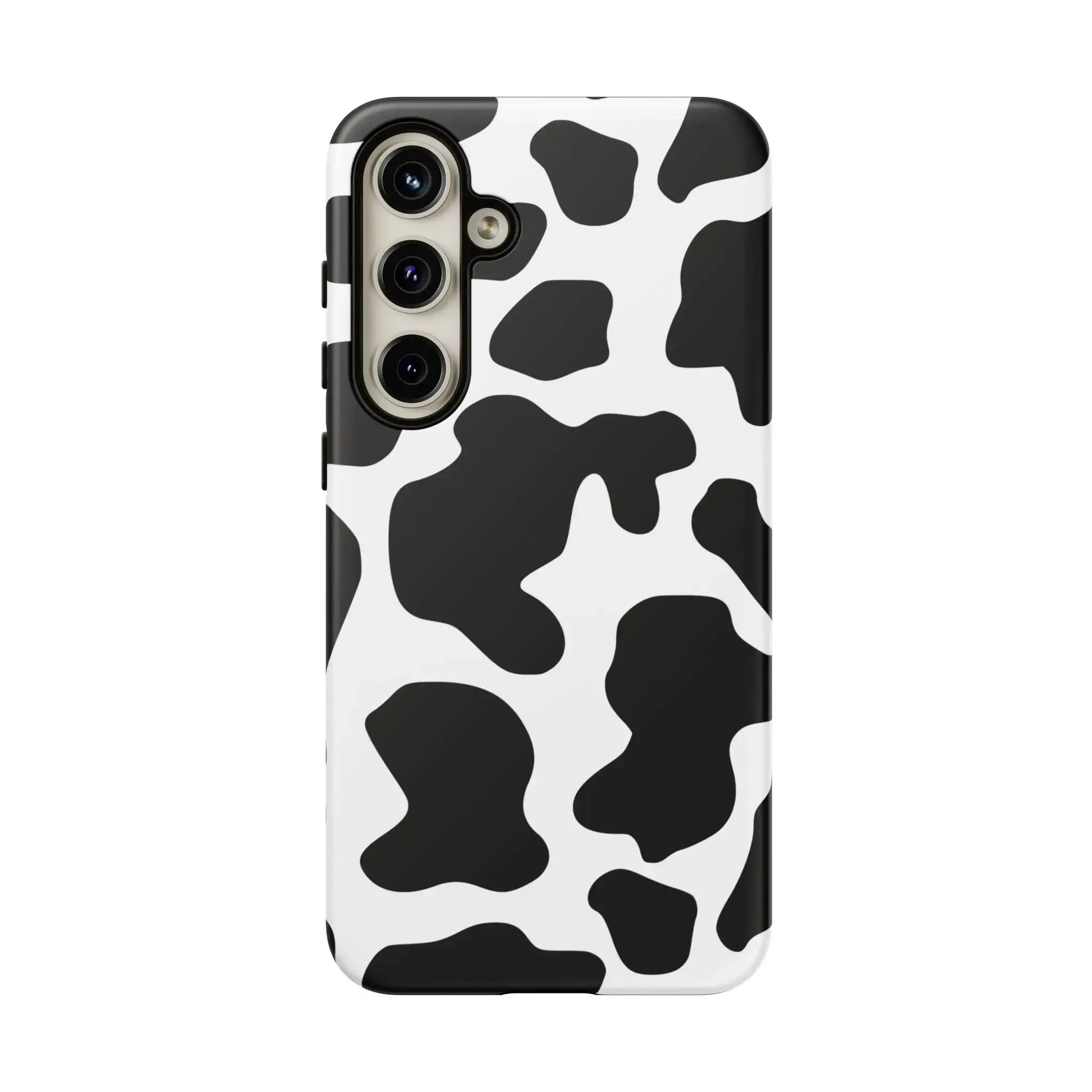 Black cow print phone case showing back side of protective cover with black and white cow pattern design