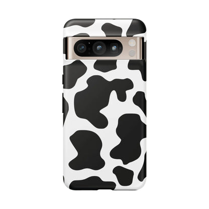 Black cow print phone case with protective cover showing the back side for durable cow print phone protection