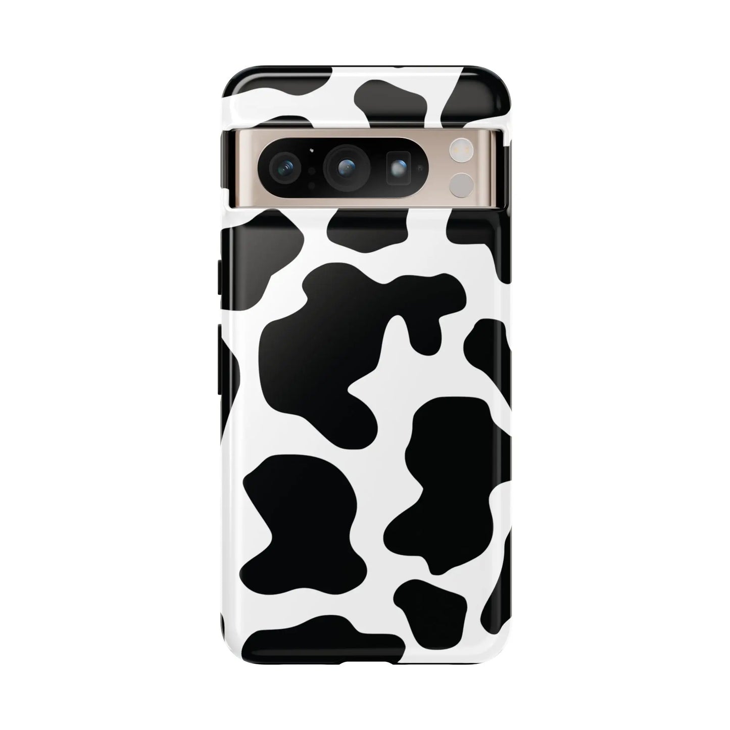 Black cow print protective phone case showing the back side with a white and black cow pattern design