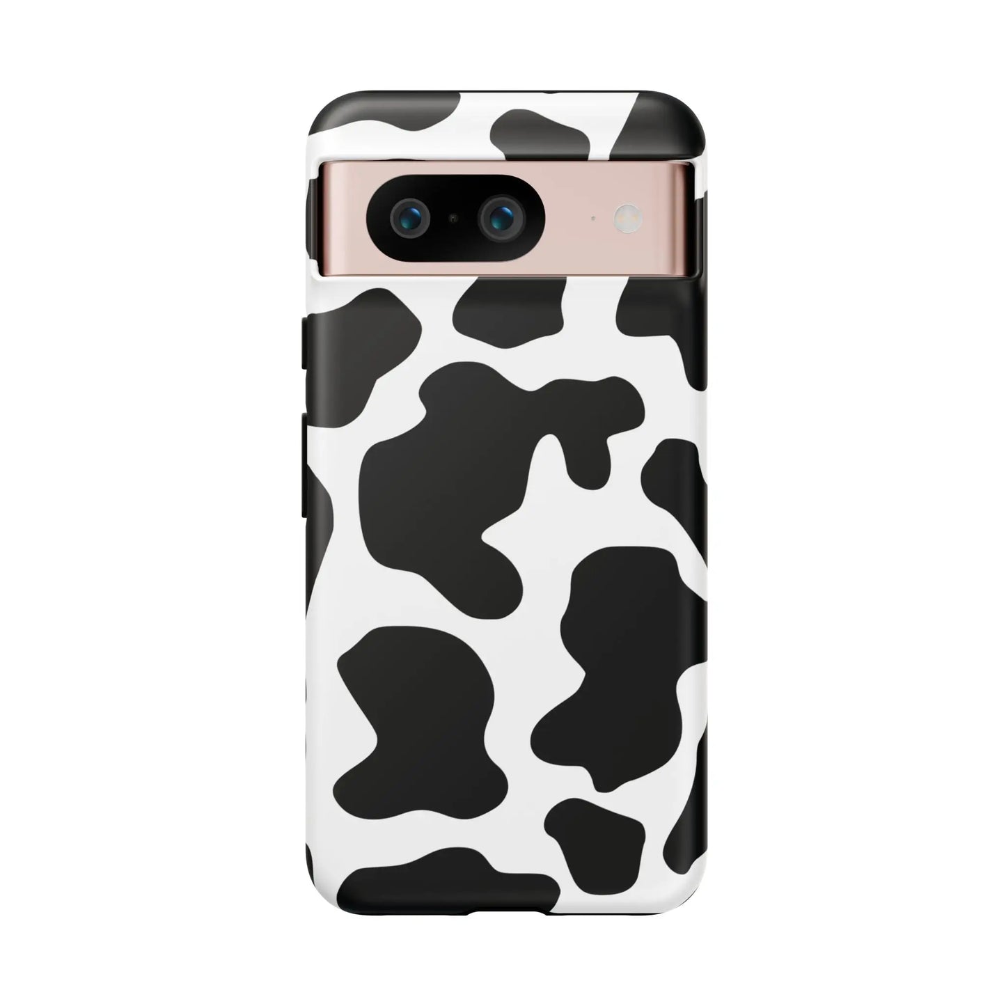 Black cow print phone case showing the back side of a protective cow print phone cover in black and white pattern