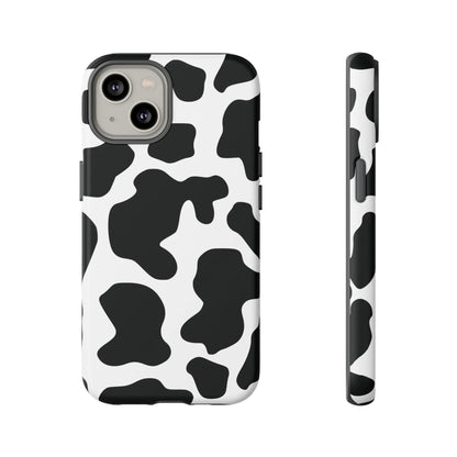 Black cow print phone case showing the back with sleek protective design in black and white cow pattern