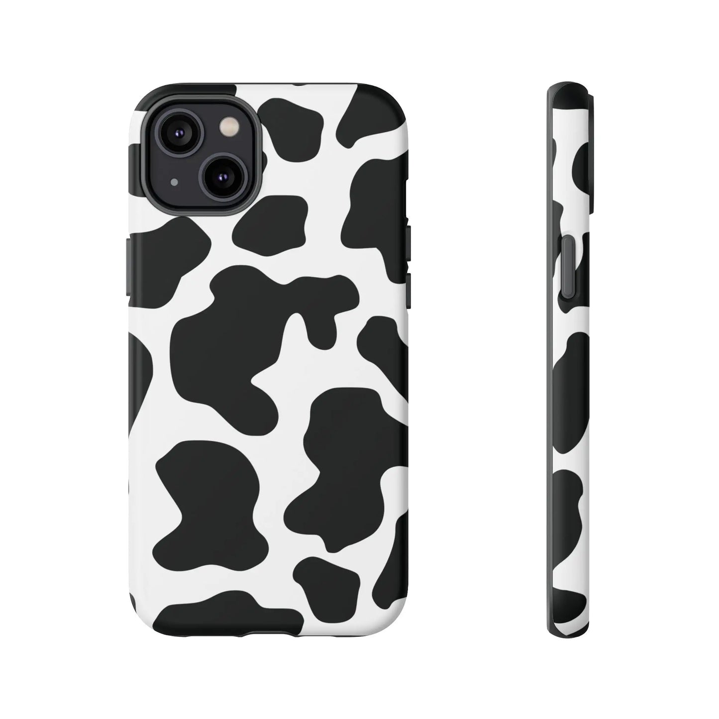 Black and white cow print phone case showing the back side with a protective black cow print cover design