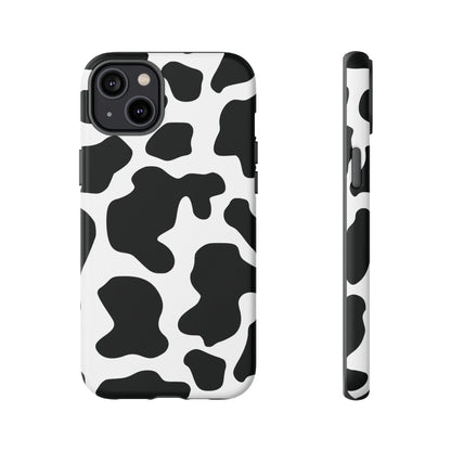Black and white cow print phone case showing the back side with a protective black cow print cover design