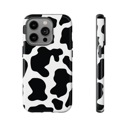 Black cow print phone case showing the back side with protective black and white cow pattern cover design