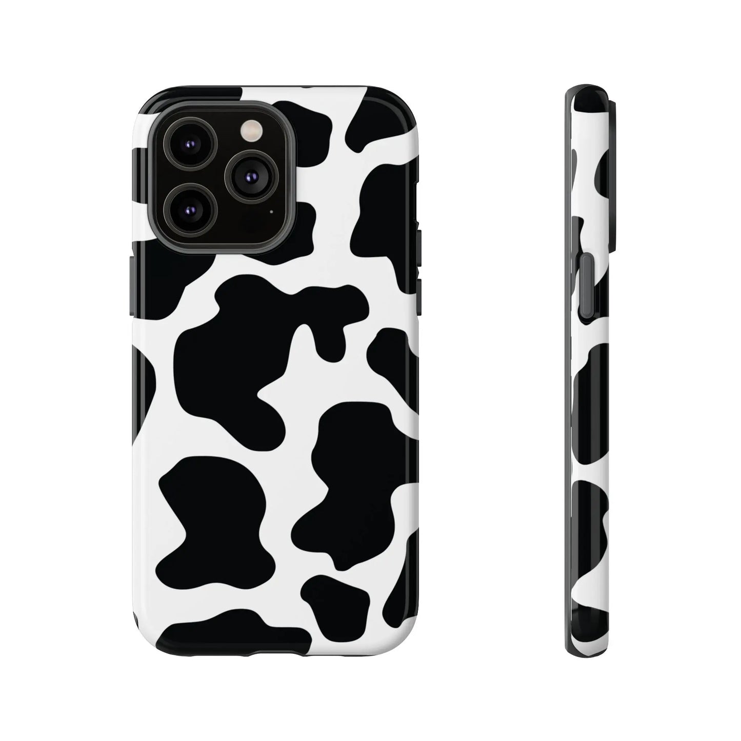 Back side of sleek black cow print phone case with protective design featuring a black and white cow pattern
