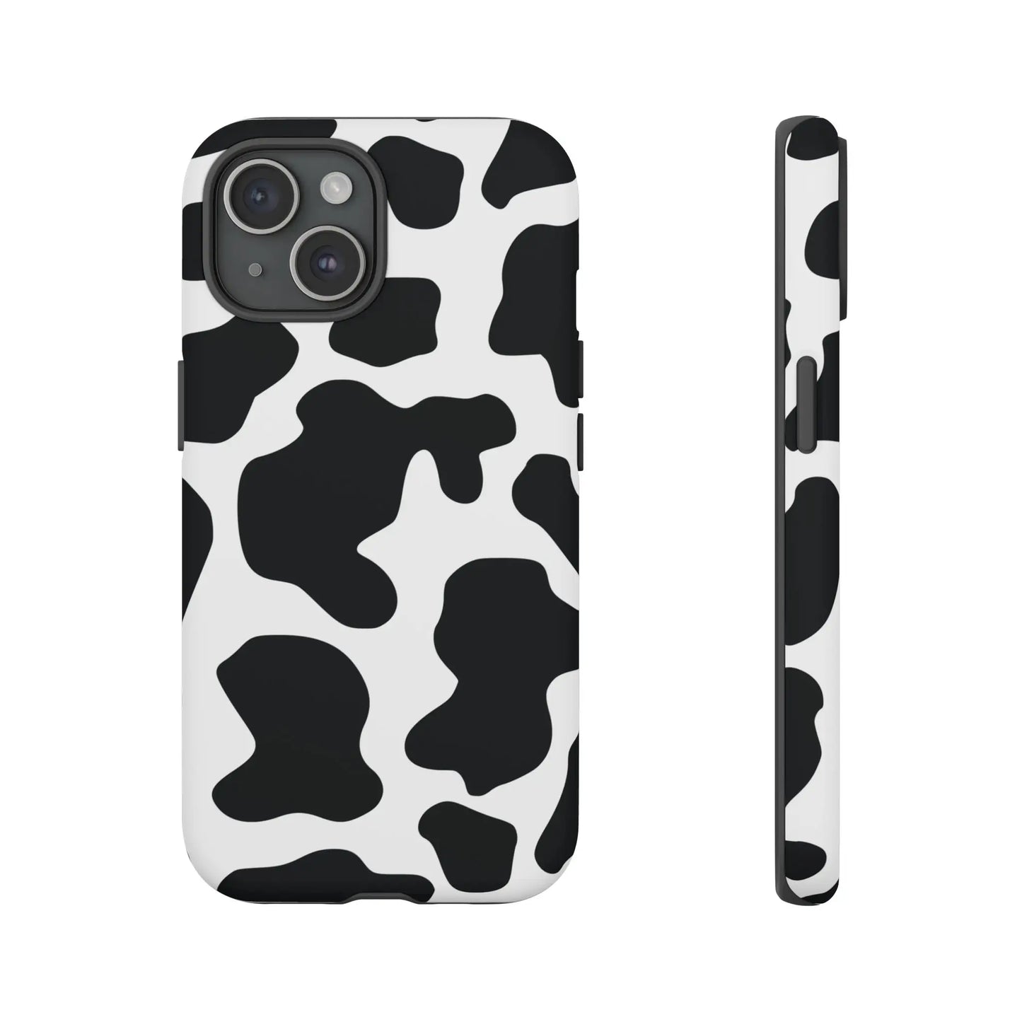 Black cow print phone case showing the back side with a protective black and white cow print pattern cover