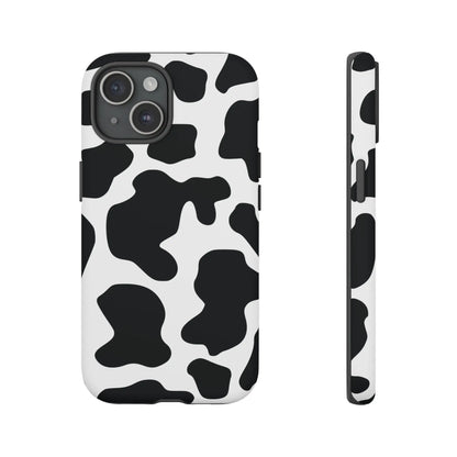 Black cow print phone case showing the back side with a protective black and white cow print pattern cover