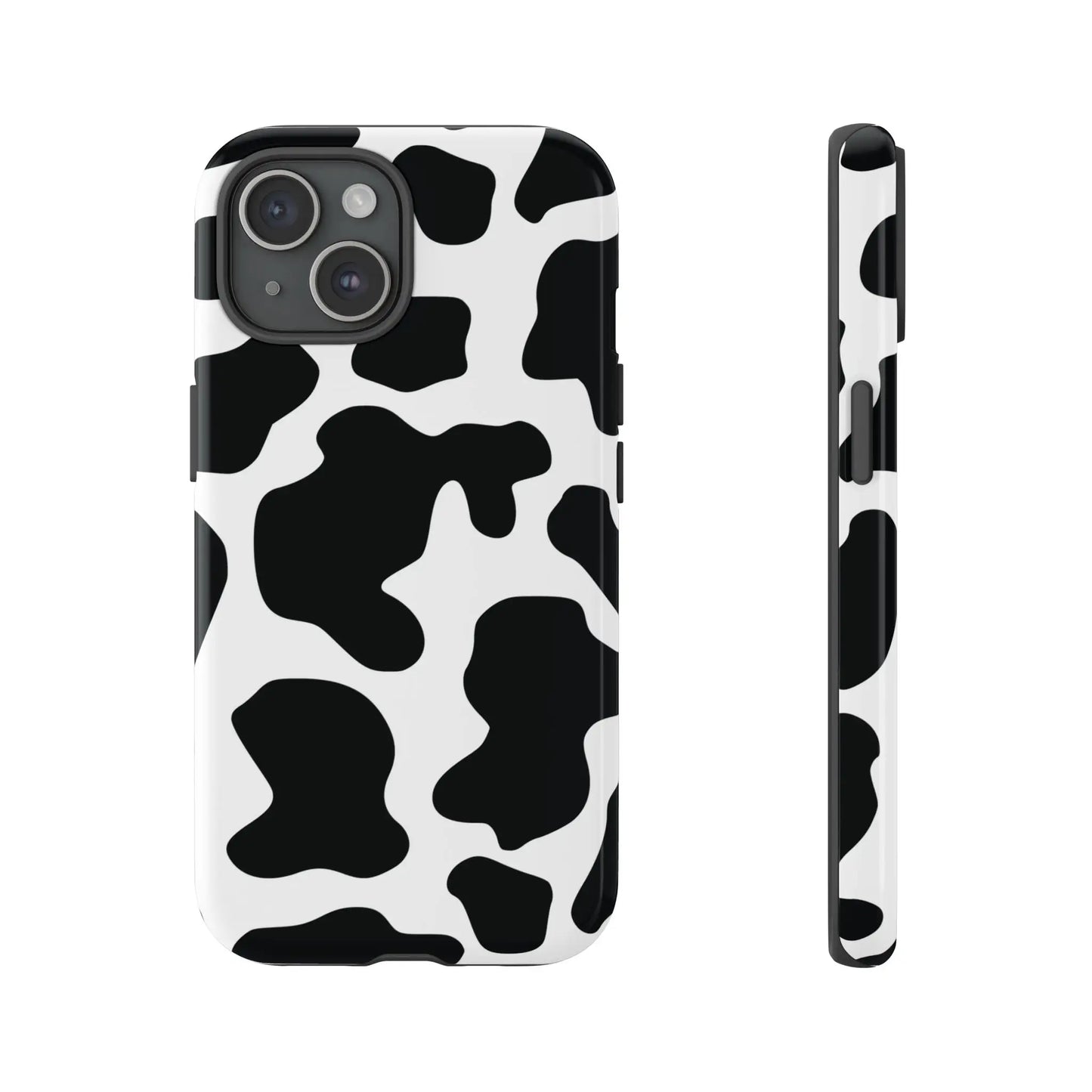 Black cow print phone case showing the back side with protective black and white cow pattern cover
