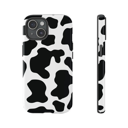 Black cow print phone case showing the back side with protective black and white cow pattern cover