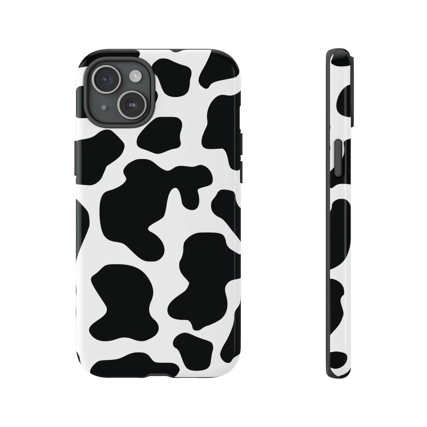 Black cow print protective cover phone case showing the back with a white and black cow print pattern