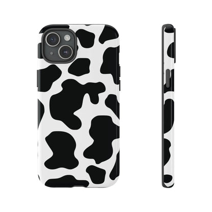 Black cow print protective cover phone case showing the back with a white and black cow print pattern