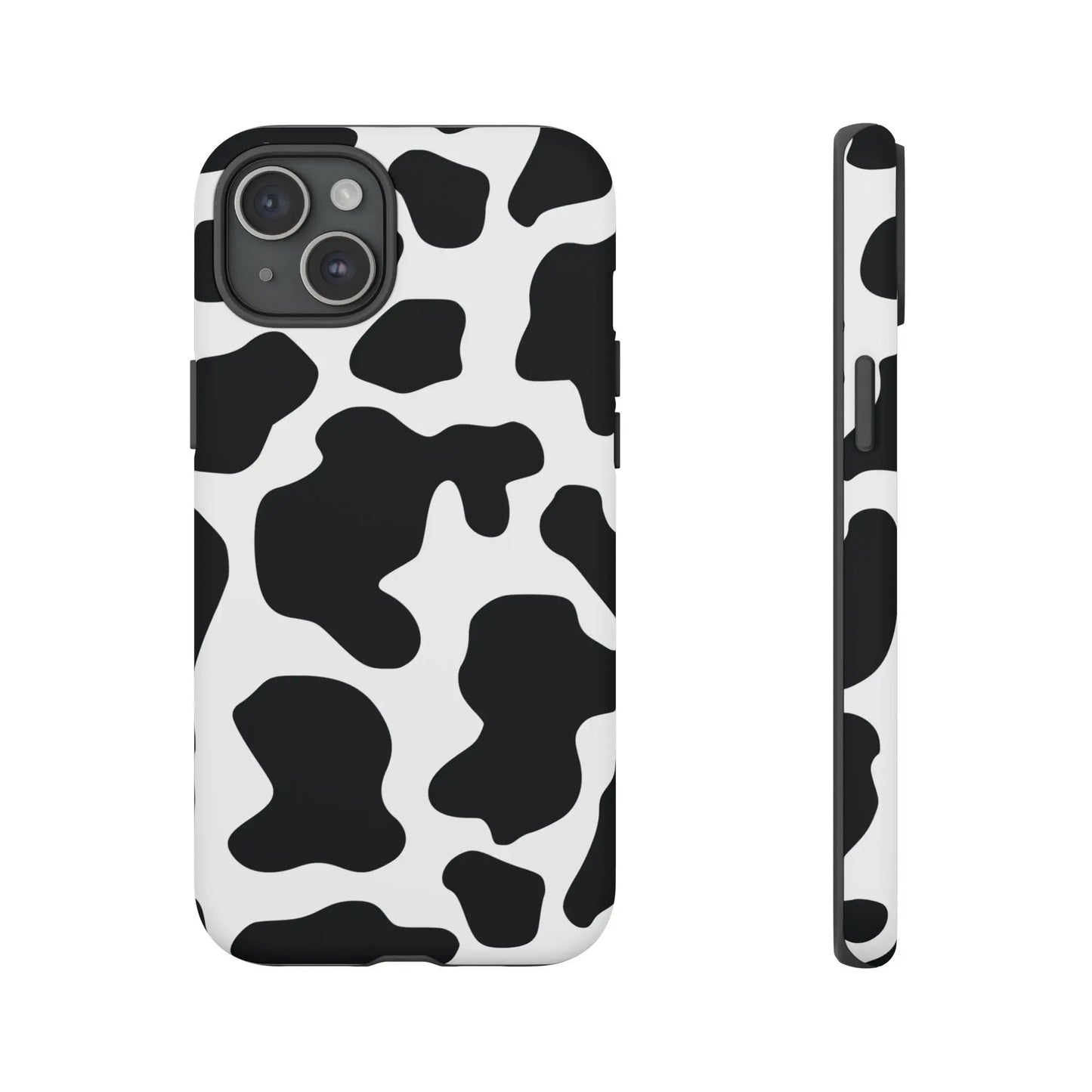 Black cow print phone case with protective black and white cow pattern design on the back side
