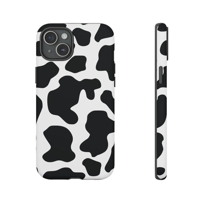 Black cow print phone case with protective black and white cow pattern design on the back side