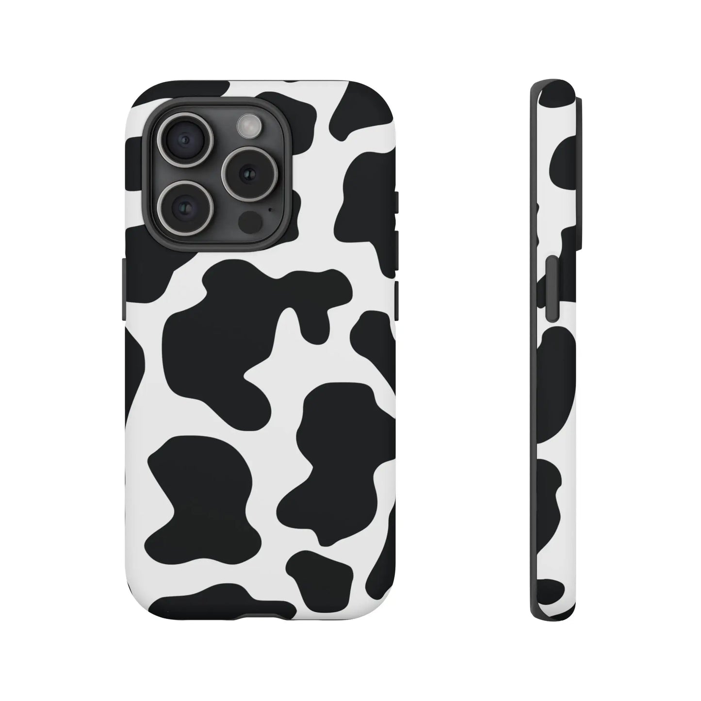 Black cow print phone case showing the back side of a protective cow print phone cover in black and white design