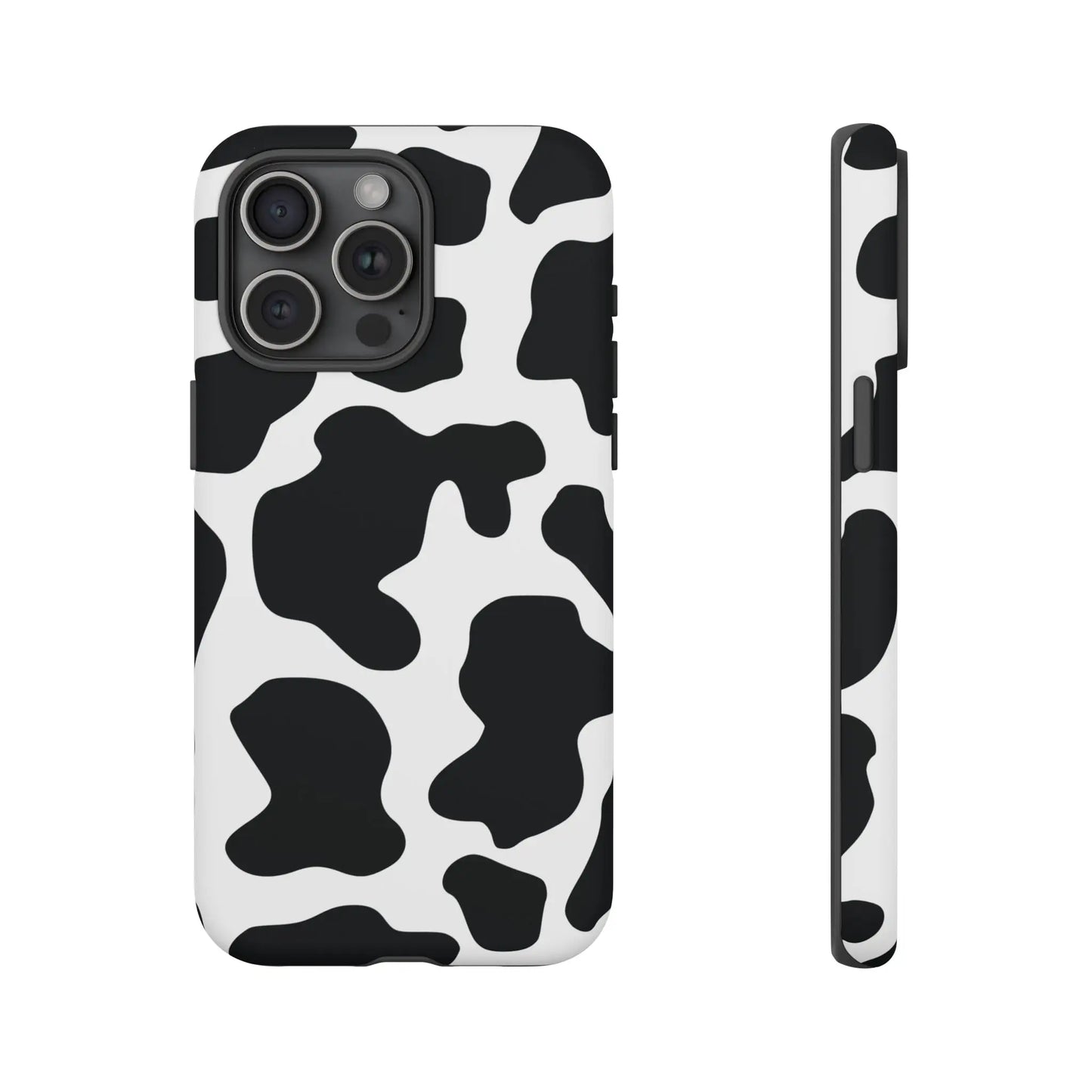 Back side of a black cow print phone case with protective cover featuring a white and black cow print pattern