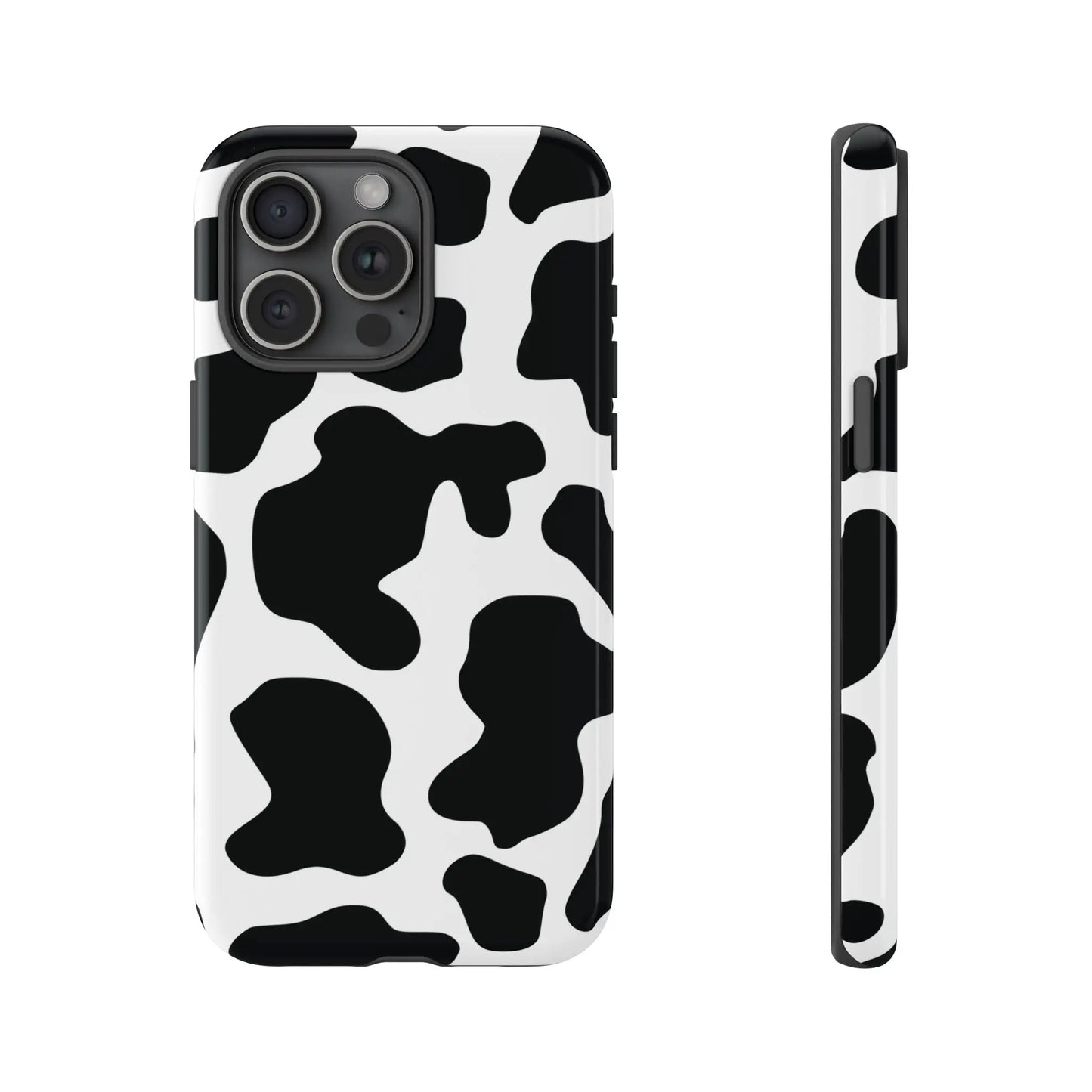 Black cow print phone case showing the back side of a protective cow print phone cover with black and white spots